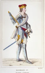 Maxiimilian I (de Hasburg). Arquiduque da Áustria, Rei dos Romanos e Imperador Germânico (1459 - 1519). Gravura a partir de 1830