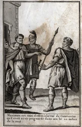 Maximian Hércules (Marcus Aurelius Valerius Maximianus) (cerca de 250-310), imperador romano, é tomado de medo ao ver Constantino (Constantino I, Flauius Valerius Aurelius Constantino, 272-306), seu genro, que ele pensa ter esfaqueado na cama i