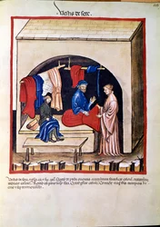Comércio de medicamentos: "Negociante de vestuário de seda" Página retirada de "Tacuinum sanitatis" (Cod. ser. nov. 2644) Cerca de 1400 Viena, Osterreischische Nationalbibliothek