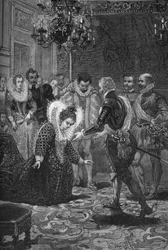 Reunião de Maris de Medicis e Henry IV (1601): Maria de Medicis (1573 -1642) curvando-se ao seu marido, Rei de França Henrique IV (1553-1610). Gravura do século XIX. Em "Histoire de France" de Jules Michelet