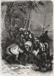 Encontro de Marphise (Marfisa), Astolphe (Astolfo) e Sansonnet (Sansonetto) - Gravura de 1851 de "Roland furieux" (Orlando furioso) (século XVI) de Ludovico Ariosto, conhecido como Ariosta - Edição traduzida do italiano pelo Conde de Tressan an
