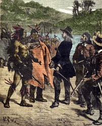 Encontro de Robert Cavelier de La Salle (1643-1687) com os índios da América. Gravura do século XIX.