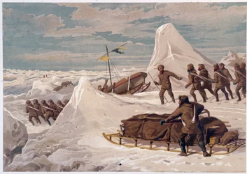 Homens e Sleds - em "The shores of the polar sea, an Arctic expedition narration", pelo Dr. Edward Moos, Marcus Nard & Co, Londres