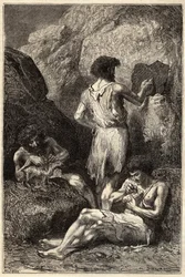 Homens na idade da pedra - Homens na idade da pedra - gravura do século XIX