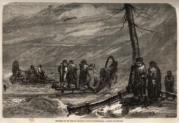 Mercador da ambulância, tem um cruzamento de neve na estrada para São Petersburgo. Desenho de Henriet, para ilustrar a sua viagem às províncias bálticas russas em 1851-54. Gravura em "Le tour du monde", editado por Edouard Charton
