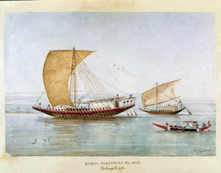 Navio mercante no Nilo no Antigo Egipto (aguarela