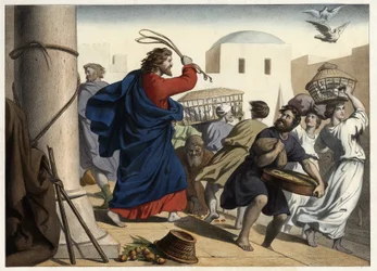 Comerciantes perseguidos para fora do templo. Gravura anónima de meados do século XIX.
