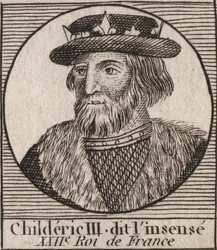 Merovingian Dynasty: Retrato de Childeric III (714-755) Rei dos Francos - CHILDERIC III (d. 754) Rei dos Francos, 741-751, e último dos Merovíngios - gravura de "Instruction sur l
