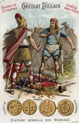 Merovingiens: Clovis 1º a abater o soldado que tinha partido o navio de Soissons, em 486. Em História Geral das Moedas. Cromolitografia de Chocolate-Foal do final do século XIX. Colecção privada.