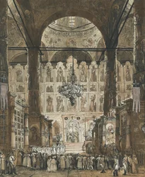 "Messe a la cathedrale de la Dormition du kremlin a Moscou, Russie" (Missa na Catedral da Dormition no Kremlin de Moscovo) Gouache anonyme vers 1850 Collection privee