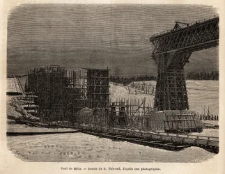 Meta Bridge (Ucrânia), em construção. Gravura para ilustrar La Russie libre, de William Hepworth Dixon, em 1869, publicada em "Le tour du monde" 1872, editada por Edouard Charton, edição Hachette, Paris. Coleção Selva.