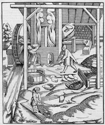 Ventilador de forno metálico operado por um motor hidráulico. Fac-simile (Fac-simile) de uma gravura publicada em "Cosmographie" (1555) por Sebastien Munster. Gravura em "La Nature: Revue des sciences et de leurs applications aux arts et a l