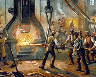 Metalurgia: martelo de tambor (martelo de tambor) - Fabricação de ferro. cromolitografia1890.