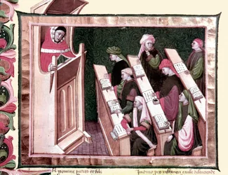 Idade Média: ensino numa universidade. Manuscrito do início do século XV. Biblioteca Nacional Central de Florença.
