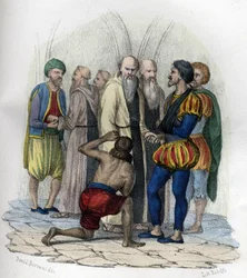 Miguel de Cervantes (1547-1616), escritor espanhol, feito prisioneiro em Argel em 1575. em "L
