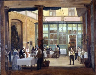 Milão, sala de jantar do hotel Rebecchino. 1830 Stendhal, solteiro e sem dinheiro, vivia neste hotel, assim como em muitos outros na Itália. Museo Milano, Milão