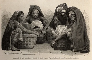 Comerciantes de leite, nas ruas de Madras (hoje Chennai, Tamil Nadu). Gravura para ilustrar a viagem nas províncias meridionais da Índia, de Alfred Grandidier, em 1862-1864, publicada em "le tour du monde", sob a direção de D