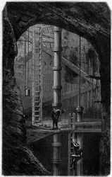 Mineiros dentro de uma mina de lata em Cornwall, Inglaterra. Gravura na revista "La jeunesse".