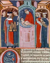 Cena de batismo em miniatura retirada do Código Justiniano (Codex Justinianus), coleção de leis e instituições publicadas sob o Imperador Romano Justiniano I de Bizâncio (483-565)