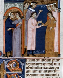Cerimônia de noivado em miniatura tirada do "Decret de Gratien" ("Concordia discordantium canonum" ou "Decretum Gratiani") datada de 1140 e que regulamenta as leis e os cânones da Igreja Católica Romana. Século XIV Cesena Biblioteca malatestiana