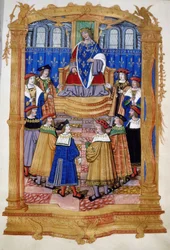 Miniatura do século XV ou XVI, representando Luís XI (1423-1483) e os cavaleiros da Ordem de São Miguel.