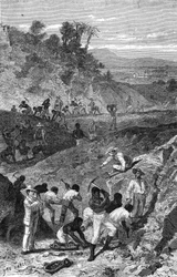 Mineração de uma mina de diamantes em África, em 1869.