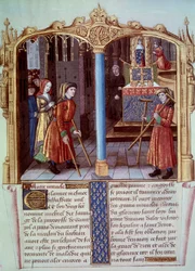 Milagre de Saint Louis (1214-1270): um guerreiro de um coxo com bequilles. Miniatura em "Vida e milagres de Saint Louis".