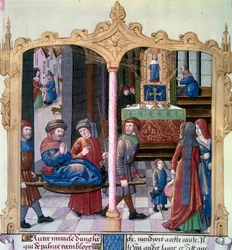Milagres de Saint Louis: O Rei Luís IX (1214-1270) guerreou um paralítico. Miniatura de um manuscrito "The Book of Facts Monsignor Saint Louis", século XV. Paris, B.N.