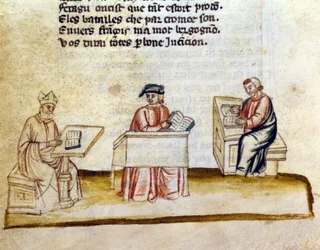 Monges estudando em um mosteiro, manuscrito em miniatura