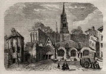 Igreja monolítica em Saint-Emilion - Igreja monólita de Saint Emilion en Gironde - gravura em "Dictionnaire populaire illustrious" - 1864 - de Joseph Decembre et Edmond Allonier -