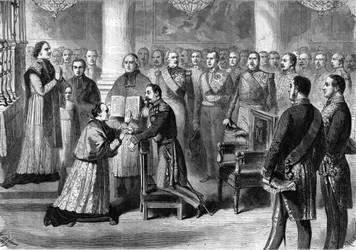 Monsenhor Georges Darboy (1813-1871) arquebactéria de Paris prestando juramento nas mãos de Napoleão III, na capela das Tuileries, em 1863.