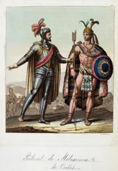Montezuma II, rei asteca, e Hernán (ou Hernando) Cortes ou Fernand Cortez (1485-1547), conquistador espanhol - em "O traje antigo e moderno" de Ferrario, ed. Milão