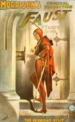 A produção original de Fausto de Morrison: a visita à meia-noite - cartaz para uma peça de teatro: ilustração da visita de Fausto