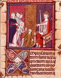 Mãe e filho comparecem perante um rei, representante da Miniatura de Justiça tirada de "Justiniani in Fortiatum" Biblioteca Real do Mosteiro do Escorial (Escorial), Espanha, século XIV