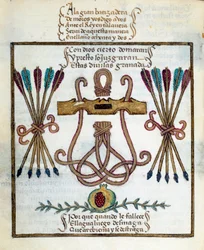 Lema de reis católicos. Emblema dos reis católicos. Miniatura em "Devocionario de la Reyna Da Juana a Quien Llamaron la Loca" de Pedro Marcuello