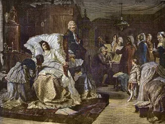 Os últimos dias de Mozart após a pintura de Hermann Kaulbach (1846-1909) - Gli ultimi momenti di Mozart - último dia por Wolfgang Amadeus Mozart - gravura no ilustre jornal semanal "Música Popular" - 1882