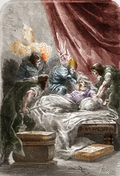 Assassinato de Galswinthe (Galsuinde) (Galsuinte) (c. 545-567), rainha dos Francos na Nêustria, esposa de Chilperico I, rei dos Francos. Gravura em « Histoire de France en cent peintures » de Paul Lehugeur, 1891.