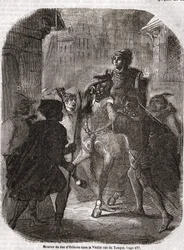 Assassinato de Luís I de Valois, duque de Orleães (1372-1407), na antiga Rue du Temple, por Jean sans Peur - em „Histoire de France“, de L.-P. Anquetil