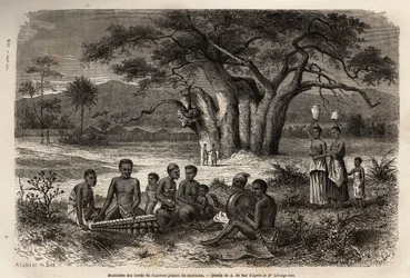 Músicos tocando marimba (uma mistura de balafon e instrumentos pré-colombianos) nas margens do rio Zambeze. Gravura para ilustrar as primeiras viagens do Dr. Livingstone à África Austral de 1840 a 1856, em "Le tour du monde, nouveau journal des voyages".