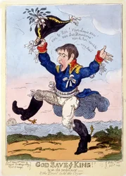 Napoleão 1er canto "Vive le roi" para o advento de Luís XVIII - em "Napoleão 1er", coleção de caricaturas