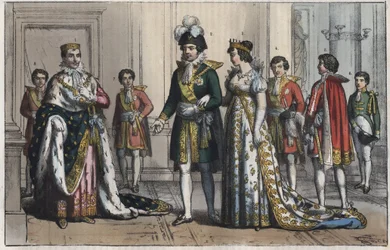Napoleão Bonaparte (1769-1821), como Rei da Itália - Vice-rei - esposa de um Vice-rei - Mordomo - Lorde Chamberlain - Page-boy - equerezinho - mestre de cerimónias - gravura de "Usi e Costumi di Tutti i Popoli dell