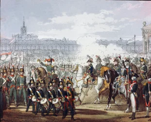 Napoleão Bonaparte (1769-1821) faz uma revisão da legião Lombard e Cispadan da milícia em 07/09/1797 Gravura em aquarela. Milão, Museo del Risorgimento