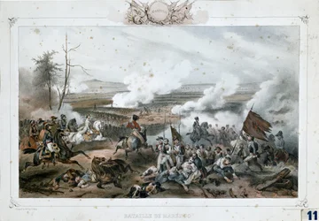 Napoleão Bonaparte na Batalha de Marengo, na qual o "exército" francês derrotou as tropas austríacas (impressão a cores)