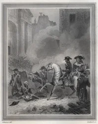 Napoleão Triturando a Rebelião Realista - Napoleão Bonaparte (a cavalo) comandando tropas revolucionárias na luta de rua em 13 Vendemiaire (5 de outubro) - 13 Vendemiaire 1795 (insurreição realista de 5 de outubro de 1795): Bonaparte restabeleceu a ordem p