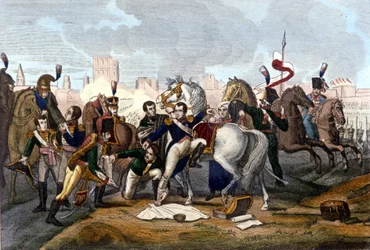 Napoleão I ferido em frente de Regensburg a 23 de Abril de 1809. Gravura do século XIX.