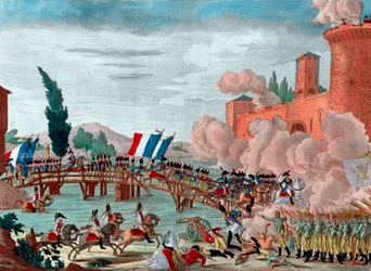 Napoleão conduzindo seu exército através da ponte de Lodi - Napoleão durante a batalha e passagem da ponte de Lodi em 1796 - Passagem da ponte de Lodi na Itália pela Armee Republicano-Francesa comissionada pelo General em Chefe Napoleão Bonaparte -