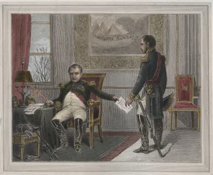 Napoleão assinando sua Abdicação 1814 - Napoleão Bonaparte (1769-1821) em Fontainebleau durante sua primeira abdicação, assinada em abril de 1814 Gravação em "Les Fastes populaires, ou Histoire des actes heroiques du peuple et de son influence sur les scie