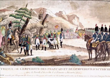 Guerra Napoleónica: Napoleão I encontra o Imperador Francisco II após a Batalha de Austerlitz em 2/12/1805. Gravura do século XIX.