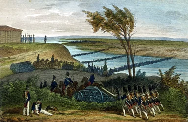 Guerra Napoleónica: Campanha Russa. Passagem do rio Niemen (Dnjemen) em 24/06/1812, que separa os dois Impérios. Gravura do século XIX.