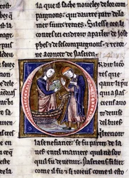 Nascion recebe o livro (?). Manuscrito: Conquista do Saint Gréal, escrito 717 anos após a paixão do nosso senhor. Bibliotheque municipale de Rennes, ms. 255 (Coleção de romances da Távola Redonda); Paris